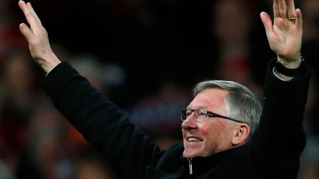 Manchester United’s manager Alex Ferguson celebrates after his team clinched the English Premier League soccer titllast month. Ferguson will retire at the end of the season after more than 26 years in charge, bringing to a close the most glittering managerial career in British soccer.Photograph: Phil Noble/Reuters