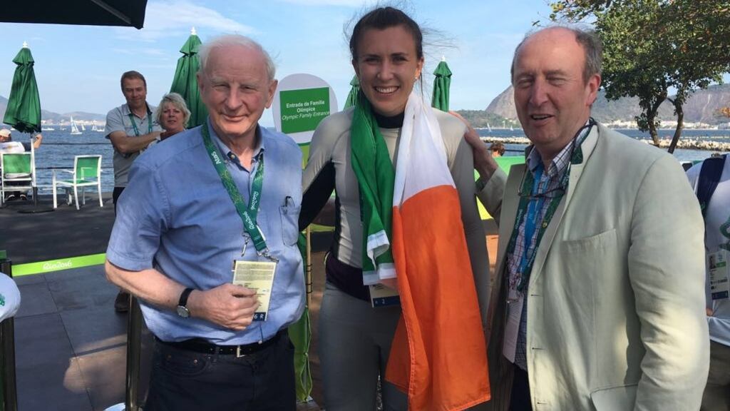 Happier times: Olympic Council of Ireland president Pat Hickey, Olympic silver medal winner Annalise Murphy, and Minister for Sport Shane Ross last Tuesday. The following morning Hickey was arrested by Brazilian police.