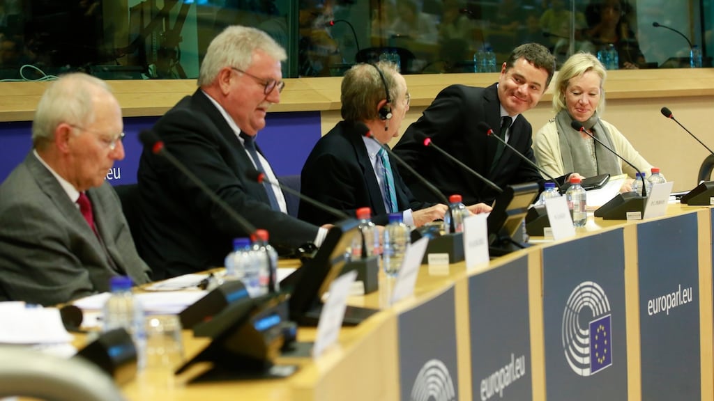 German finance minister Wolfgang Schäuble, German MEP chairman of committee of inquiry into money laundering, tax avoidance and tax evasion (PANA) Werner Langen, Italian finance minister Pier Carlo Padoan and Minister for Finance and Public Expenditure Paschal Donohoe, during a hearing by the “Panama Papers” committee of the European parliament, in Brussels. Photograph: EPA/Olivier Hoslet