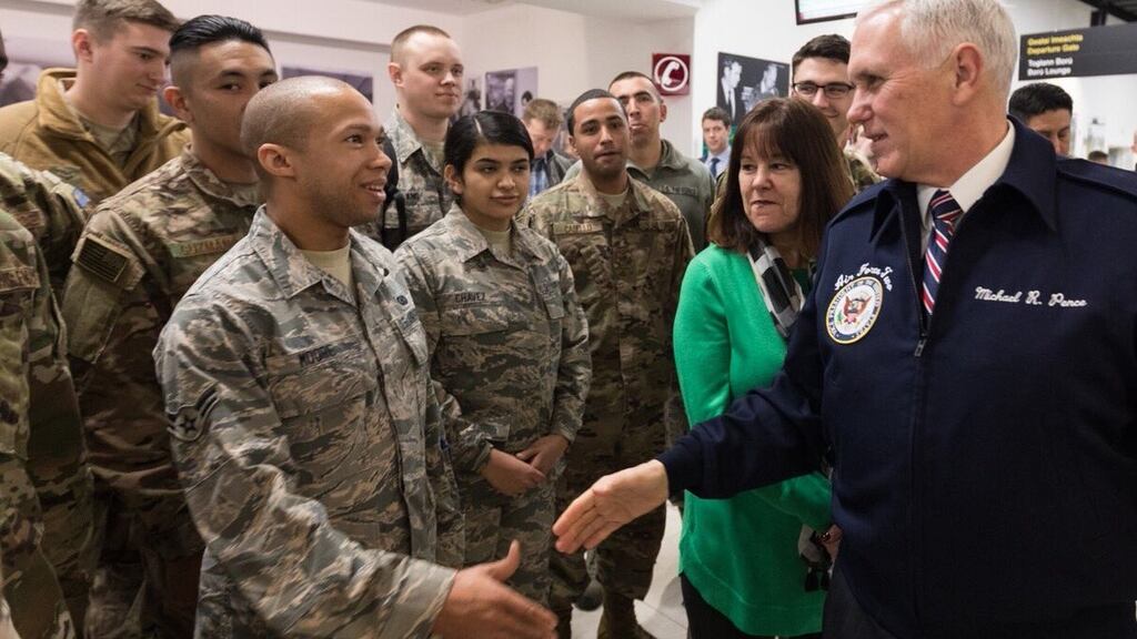 US Vice President Mike Pence greeting American troops in Shannon airport. Photograph: Twitter