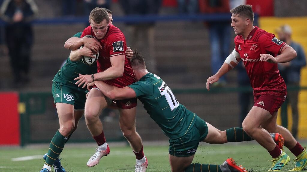 Munster’s Darren Sweetman in action against London Irish at Musgrave Park in Cork. Photograph: Billy Stickland/Inpho