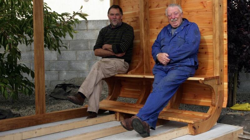 Richard O’Connor and Paul Burton of the Headford Men’s Shed group relax in Fan Nóiméad in Headford. Photograph: Gareth Kennedy