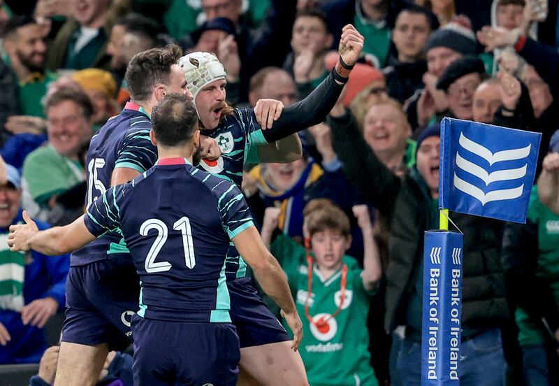 Ireland's Mack Hansen celebrates scoring a try with Hugo Keenan
during the victory over South Africa at the Aviva Stadium. Photograph: Dan Sheridan/Inpho