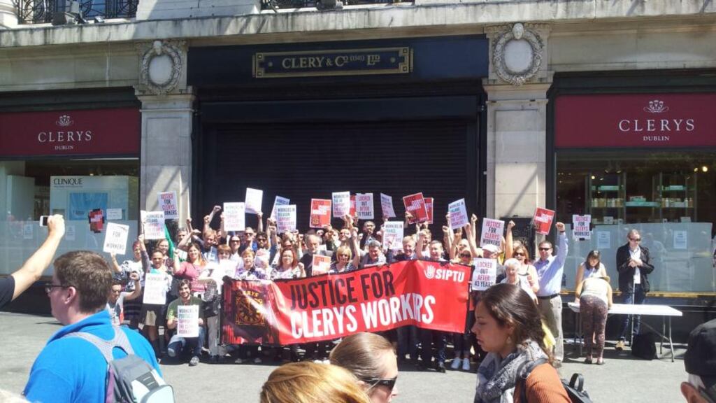 Clerys workers protesting outside the shut retailer on O’Connell Street, Dublin, June 23rd, 2015. Photograph: Peter Smyth/The Irish Times