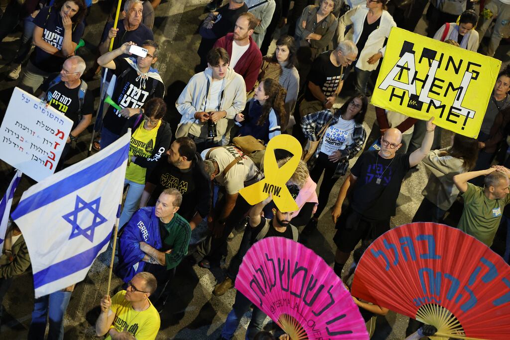 Demonstrators in Tel Aviv in April bear placards during an anti-government protest calling for action to secure the release of the remaining Israelis held hostage by Palestinian militants in the Gaza Strip since October 2023. Photograph: Jack Guez/AFP