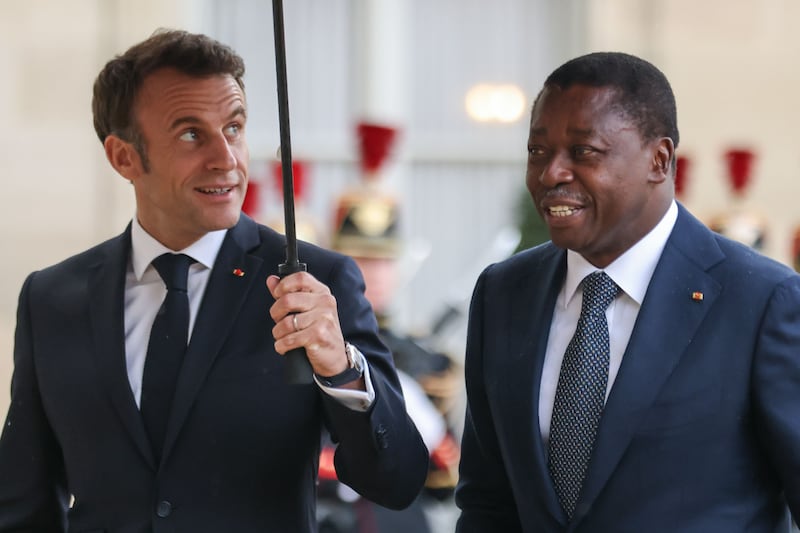 French President Emmanuel Macron receives his Togolese counterpart Faure Gnassingbé at the Elysee Palace in Paris in May 2023. Photograph: Mohammed Badra/EPA