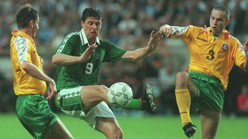 Niall Quinn in action for Ireland against Lithuania in 1997. Photograph: Patrick Bolger/Inpho