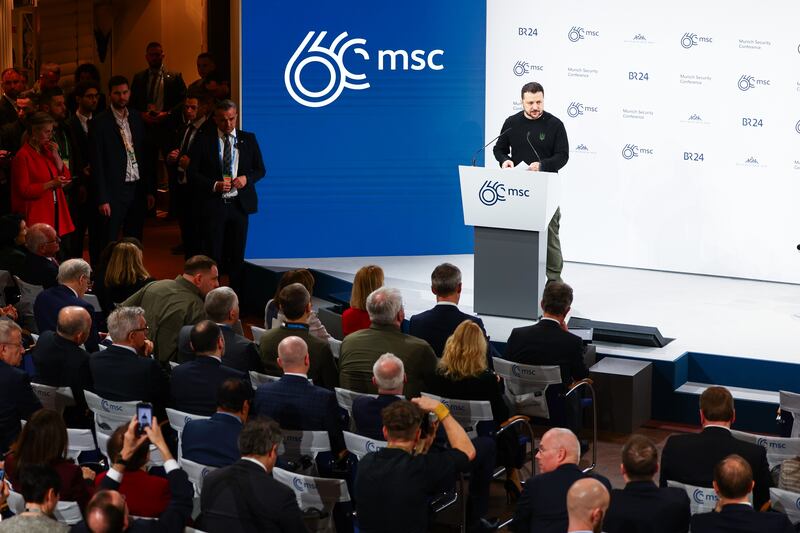 Ukrainian president Volodymyr Zelenskiy delivers a speech at the Munich Security Conference on Saturday. Photograph: Anna Szilagyi/EPA