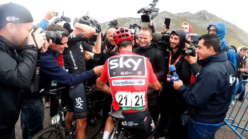 Chris Froome of Sky team addresses the media at the end of the 20th stage of the Vuelta a Espana. He has tested  positive for an excessive level of a legal asthma drug during the race. EPA/Javier Lizon