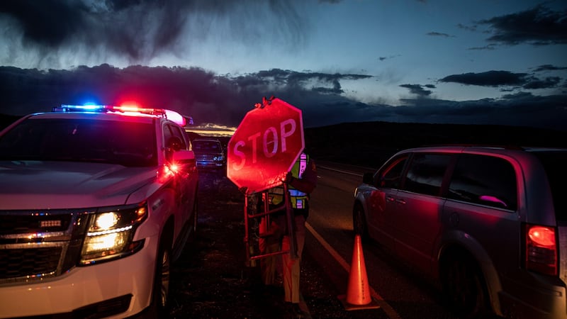 Navajo police officers set up a road block in Window Rock, Arizona, in response to the coronavirus pandemic. Photograph: Adriana Zehbrauskas/New York Times