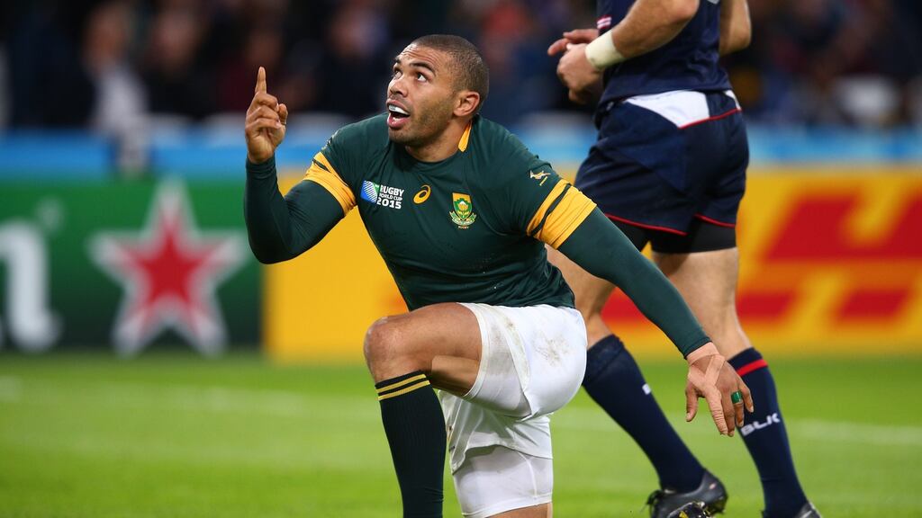 Bryan Habana of South Africa has equalled Jonah Lomu’s record of 15 World Cup tries after scoring a hat-trick against the USA on Wednesday. Photograph: Paul Gilham/Getty Images.