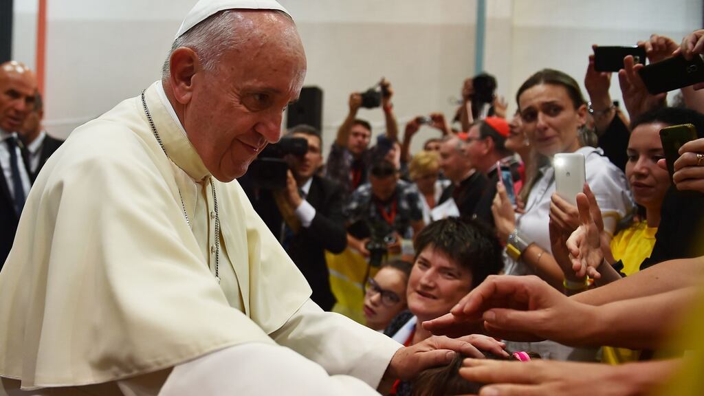 Pope Francis arrives for a meeting at a diocesan youth centre as part of a one-day visit to Sarajevo in Bosnia. Photograph: Gabriel Bouys/AFP/Getty Images