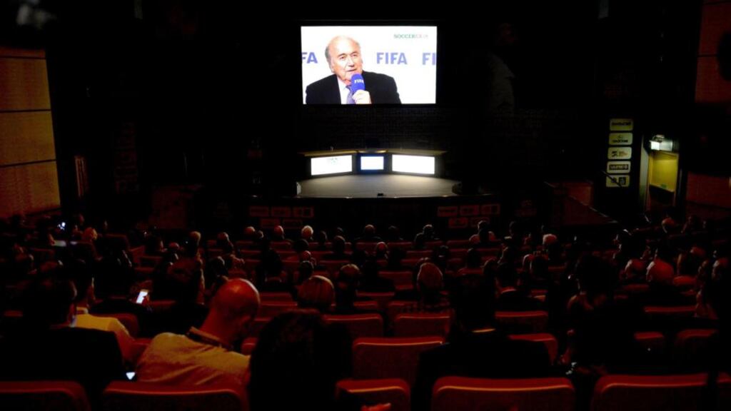Fifa president Sepp Blatter announced his intention to stand for a fifth term as Fifa president in a video interview played at the Soccerex conference in Manchester. Photograph: Martin Rickett/PA