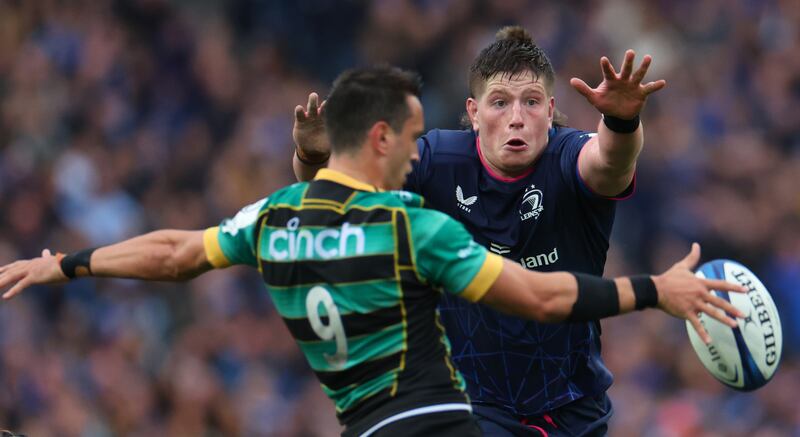 Northhampton Saints' Alex Mitchell and Leinster's Joe McCarthy during the Champions Cup semi-final at Croke Park. 'He is so unique in how he plays. I think he’s absolutely phenomenal.' says Baird of his young team-mate. Photograph: James Scrombie/Inpho