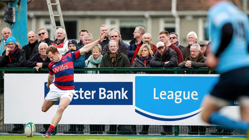 Clontarf’s Rob Keogh kicks a conversion during their Ulster Bank League Division 1A game against UCD at Castle Avenue on Saturday. Photograph: Colm O’Neill/Inpho.