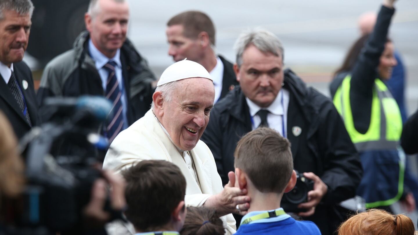 Pope Francis blesses schoolchildren as he arrives at Ireland West Airport in Knock in County Mayo. Photograph: Yui Mok/PA Wire
