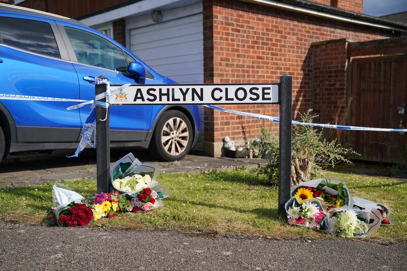 A view of the scene in Ashlyn Close, Bushey, Hertfordshire, where the wife and two daughters of a BBC sports commentator were killed in a crossbow attack at their home. Photograph: Jonathan Brady/PA Wire