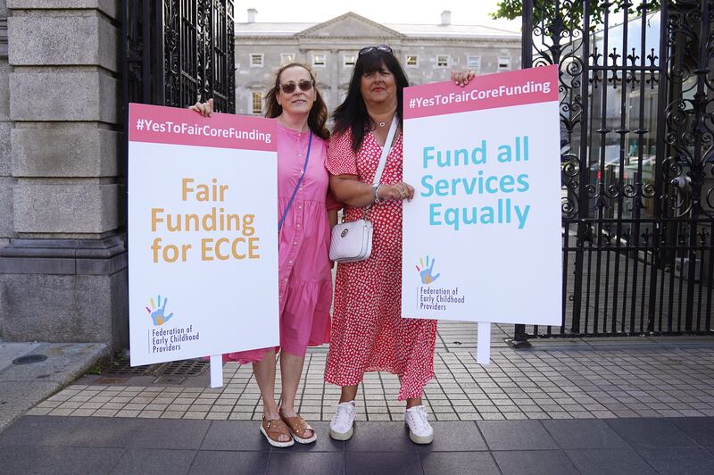 Montessori owners Fiona Kinch (left) and Angie McGrath at the demonstration outside Leinster House. Photograph: Brian Lawless/PA