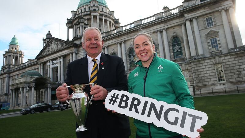 World Rugby chairman Bill Beaumont with Ireland’s Niamh Briggs following the 2017 Women’s Rugby World Cup pool draw in Belfast. Photograph: Brian Lawless/PA
