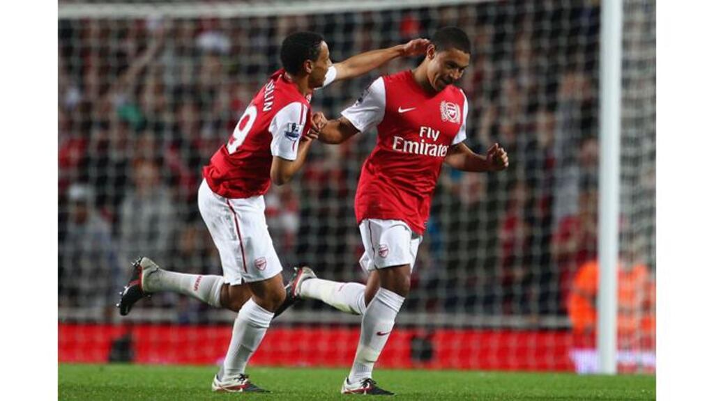 Alex Oxlade-Chamberlain of Arsenal (R) celebrates with Francis Coquelin as he scores their second goal during the Carling Cup Third Round match between with Shrewsbury Town at Emirates Stadium on September 20th, 2011. - (Photograph: Julian Finney/Getty Images)
