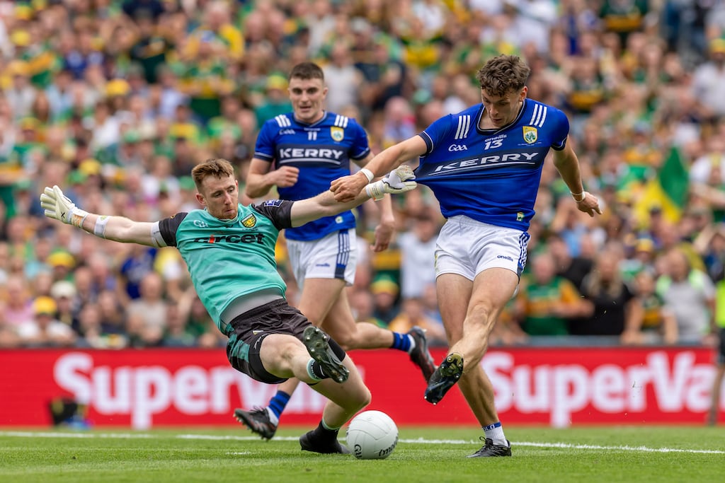 Kerry’s David Clifford rounds Donegal’s Shaun Patton only to have his goal bound shot saved off the line. Photograph: Morgan Treacy/Inpho