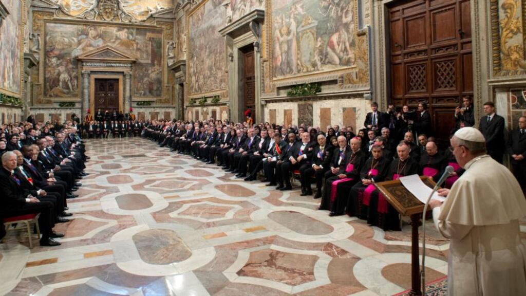Pope Francis addressed ambassadors to the Holy See at the Vatican. In a wide-ranging address he welcomed “the resumption of peace talks between Palestinians and Israelis”. Photograph: AP Photo/L’Osservatore Romano