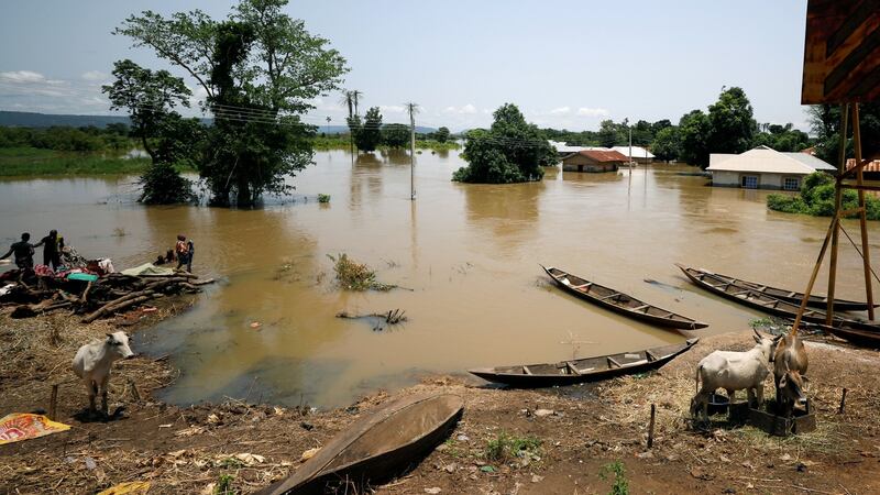 Partially submerged houses in flood waters in Kogi State, Nigeria. Photograph: Afolabi Sotunde/Reuters
