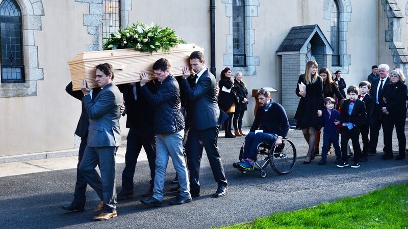 The funeral of film director Simon Fitzmaurice, with his wife Ruth and children, family and friends, arriving at St Kilian’s Church, Blacklion, Greystones, today. Photograph: Cyril Byrne/The Irish Times