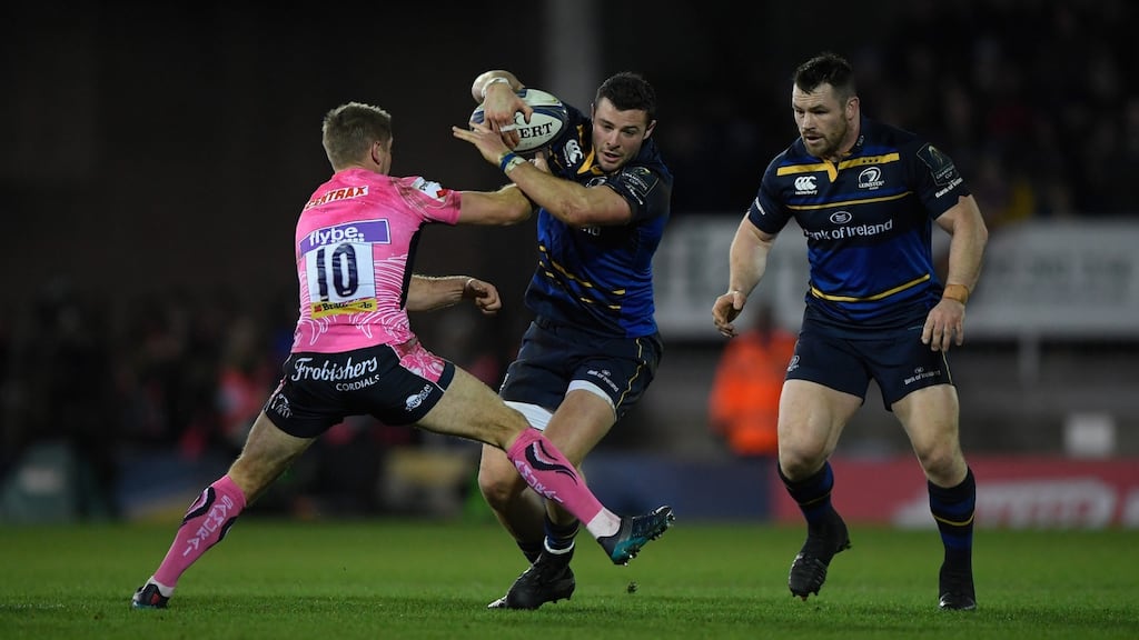 Exeter’s Gareth Steenson takes on Robbie Henshaw and Cian Healy of Leinster at Sandy Park last week: “This week it will be a different approach from Exeter,” Henshaw says. “They’re coming to play”. Photograph: Stu Forster/Getty