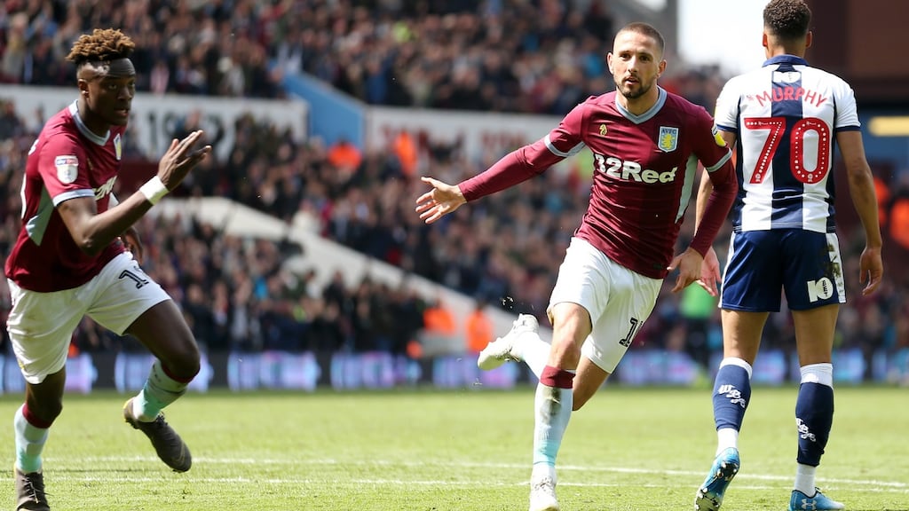 Conor Hourihane celebrates scoring Aston Villa’s equaliser against West Brom. Photograph: Paul Harding/Getty
