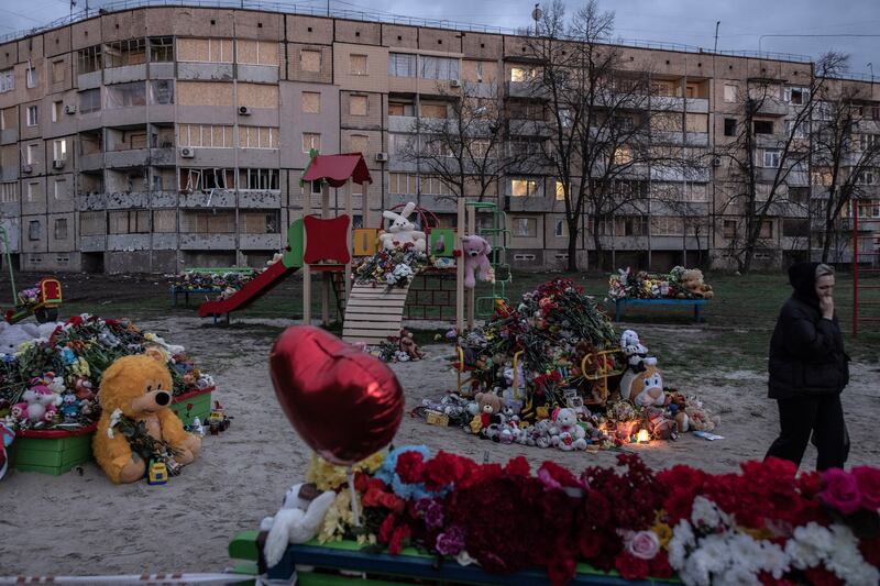 Memorials at a playground struck by Russian missiles, in Kryvyi Rih, the hometown of Ukrainian president Volodymyr Zelenskiy, on April 6th, 2025. Photograph: Finbarr O'Reilly/NYT