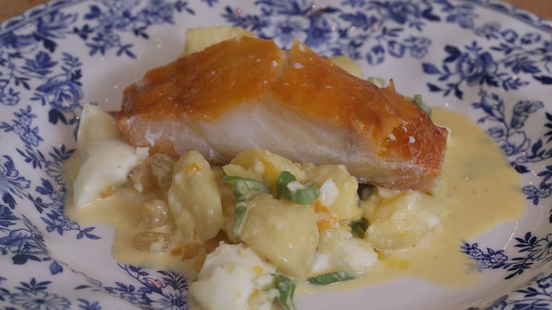 Smoked haddock, coddled egg, new potatoes and spring onion. Photograph: Nick Bradshaw