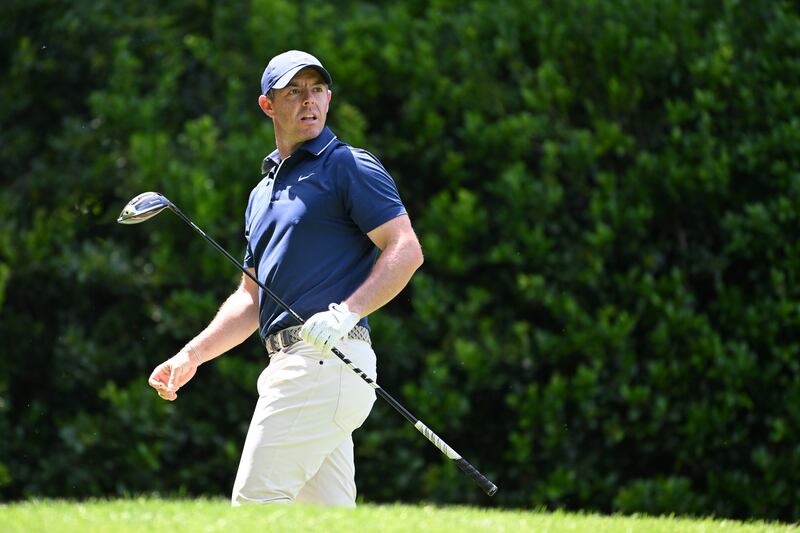 Rory McIlroy follows his shot from the 12th tee during the third round of the US PGA Championship at Quail Hollow. Photograph: Ross Kinnaird/Getty Images