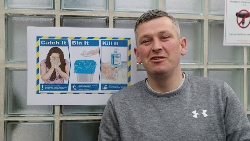 Gareth Kenny from Queen Street in Dublin at the Capuchin Centre on Bow Street. Hand gel is being provided to everyone arriving at the centre. Photograph: Nick Bradshaw