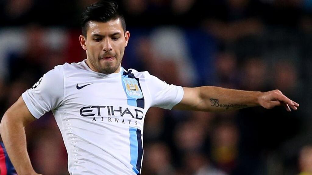 Sergio Aguero: felt the hamstring problem during the first half of City’s 2-1 defeat at Barcelona. Photograph: Alex Livesey/Getty Images