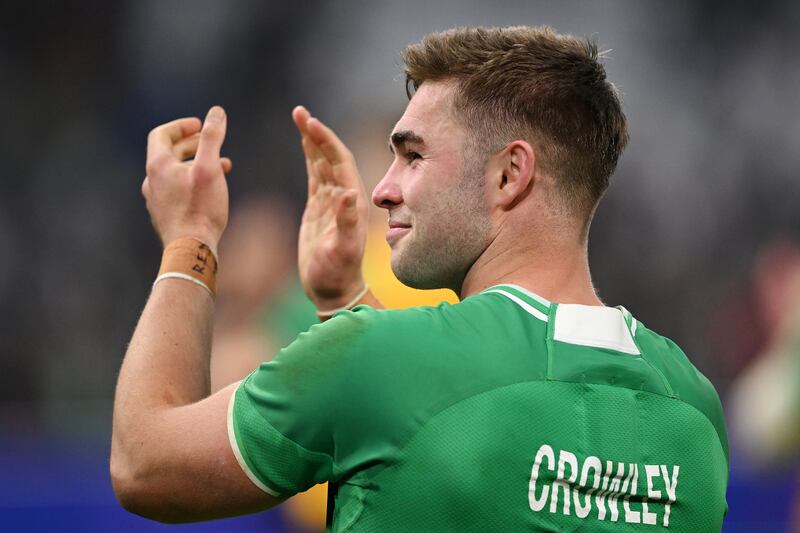 Ireland's Jack Crowley applauds the fans at full-time following the team's win over France at Orange Velodrome in Marseille, France. Photograph: Shaun Botterill/Getty Images