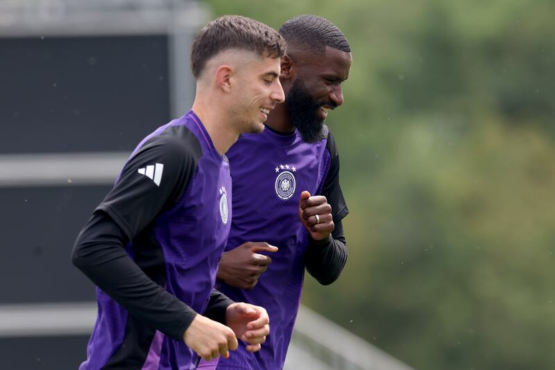 Antonio Rüdiger of Germany with his team mate Kai Havertz. Photograph: Alexander Hassenstein/Getty