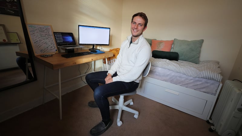 Liam Marshall at his home office. “I prefer to get up and shower and wear something smart because then it feels like I’m at work.” Photograph: Nick Bradshaw