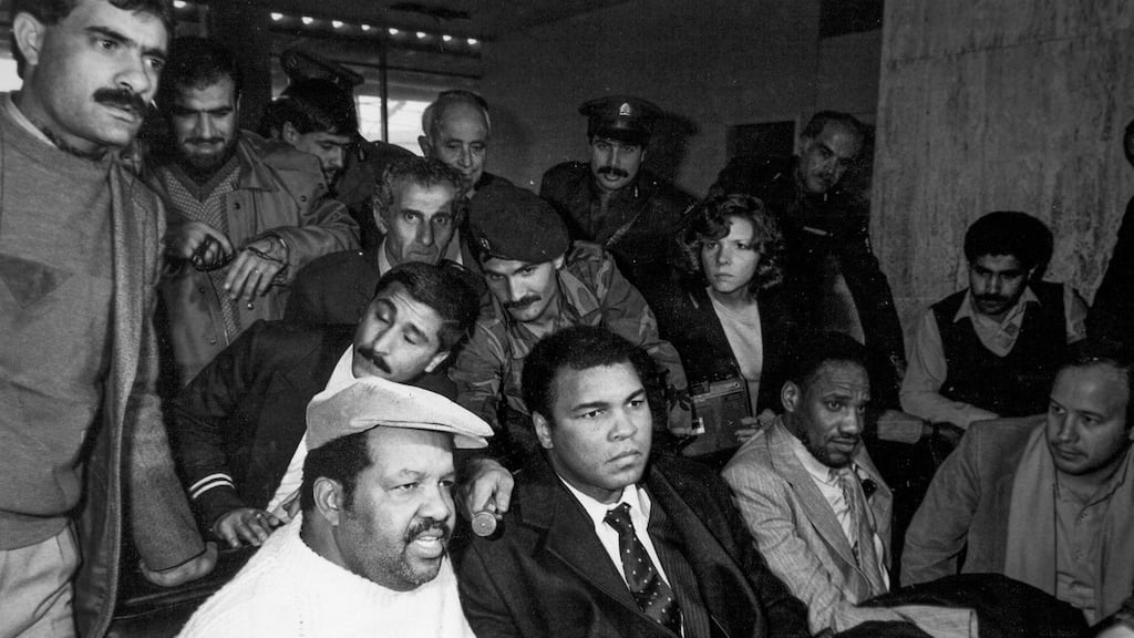 Ali in Beirut in 1985 after he was sent to help secure the release of US prisoners. Photo: Arnaud Borrel/Gamma-Rapho via Getty Images