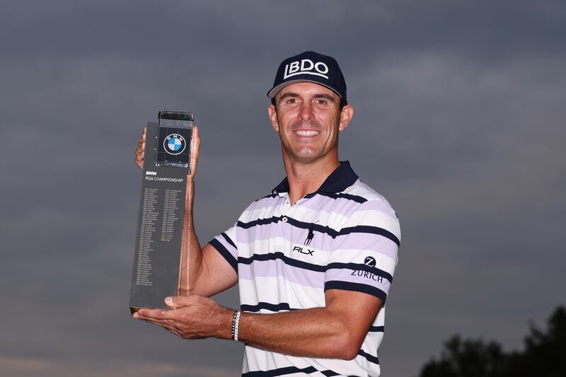 Billy Horschel poses with the trophy during day four of the BMW PGA Championship at Wentworth. Photograph: Warren Little/Getty