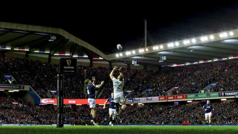 England’s Luke Cowan-Dickie commits a deliberate knock on leading to a yellow card and a penalty try for Scotland. Photograph: James Crombie/Inpho