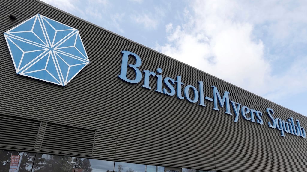 The logo of global biopharmaceutical company Bristol-Myers Squibb as pictured on its building in Le Passage, near Agen in France. Photograph: REUTERS/Regis Duvignau