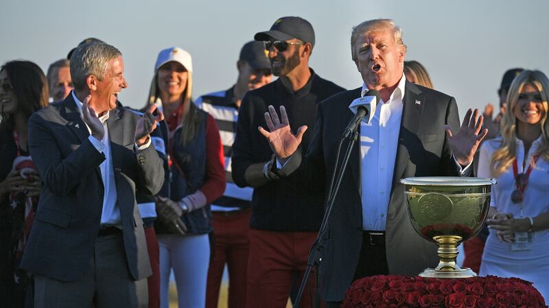 US president Donald Trump presents the trophy in 2017. Photo: Stan Badz/PGA TOUR