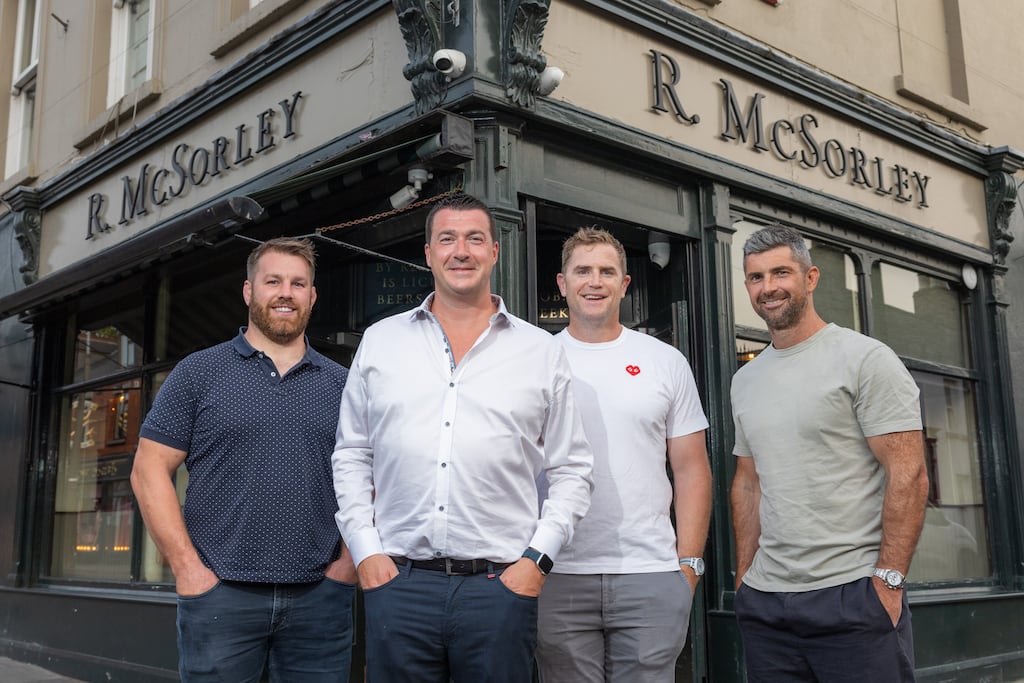 Pictured announcing their purchase of McSorley’s pub in Ranelagh for €5.5 million was Noel Anderson (2nd from left) and his fellow directors,Sean O’Brien (left); Jamie Heaslip (2nd from right); and Rob Kearney (right) .