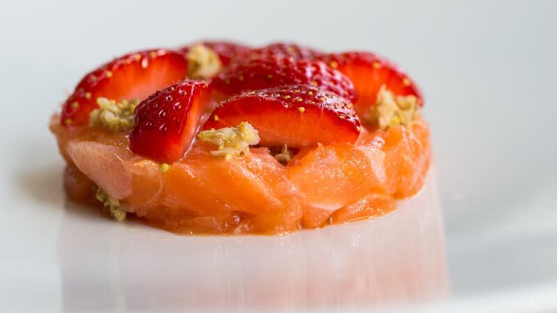 Wild salmon tartare with strawberries and pickled elderflower Photograph: Anita Murphy