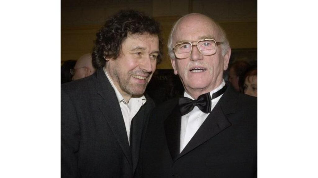 Actor Stephen Rea (left) last night presented the Special Tribute Award to Thomas Kilroy (right) for his contribution to Irish theatre, at the Irish Times/ESB Irish Theatre Awards in Dublin. Edited highlights of the ceremony can be seen on RTE 1 at 11.25 tonight. Photograph: Alan Betson