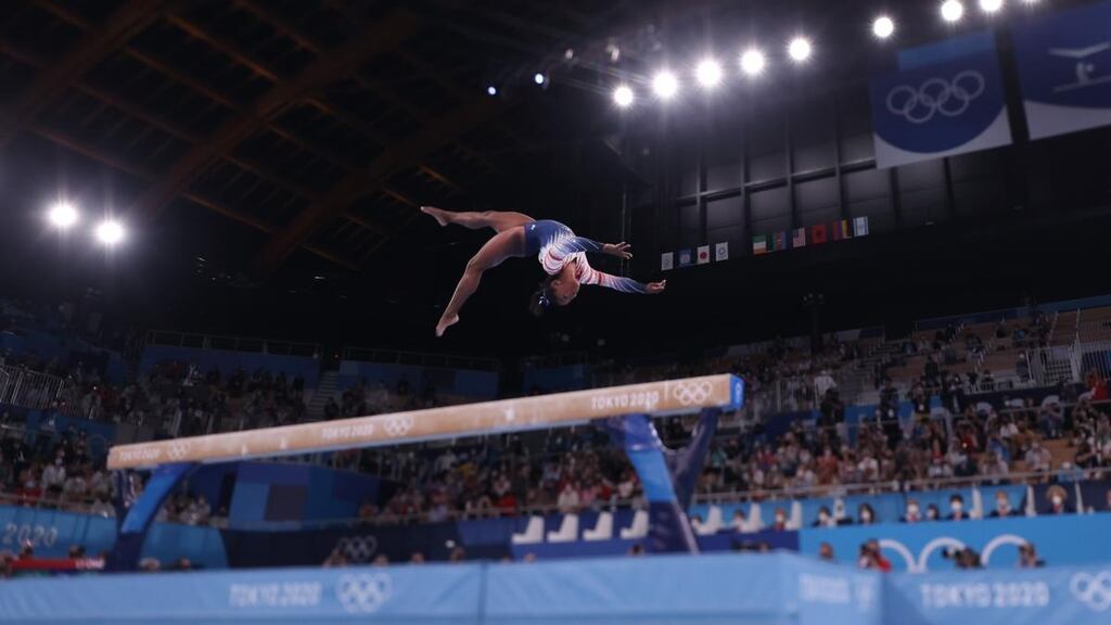 US gymnast Simone Biles in action during the women’s balance beam final at Ariake Gymnastics Centre in Tokyo. Photograph: Laurence Griffiths/Getty Images