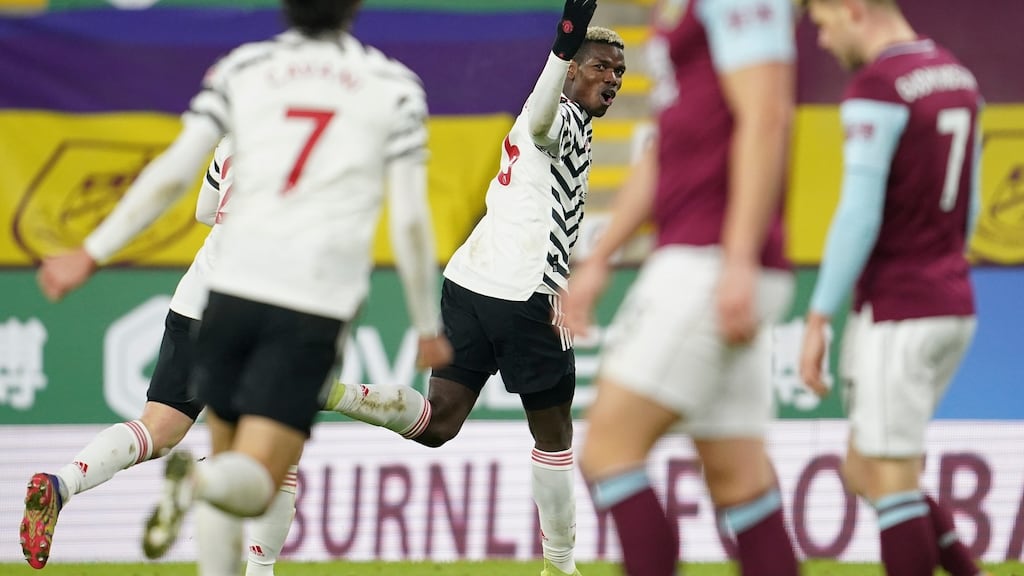 Paul Pogba of Manchester United celebrates scoring the winner against Burnley which put them top of the league. Photo: Jon Super/EPA