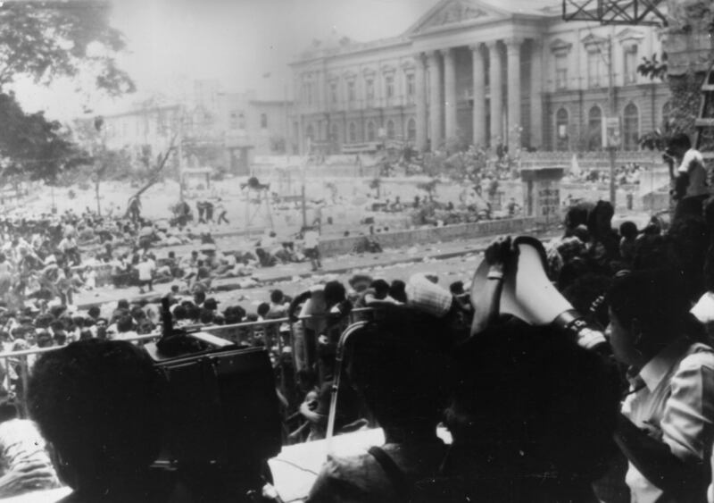 A view from the steps of San Salvador’s cathedral during the violence which interupted Romero’s funeral. Photograph: Keystone/Getty