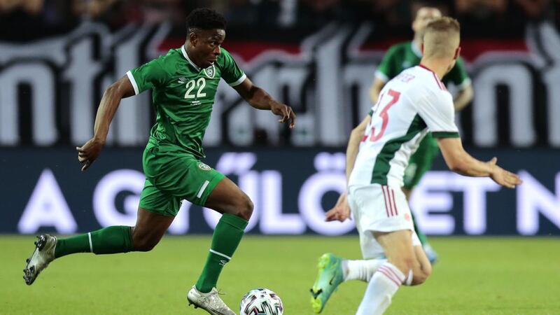 Chiedozie Ogbene runs at the Hungary defence during the international friendly at the Szusza Ferenc Stadion in Budapest back in June. Photograph: Attila Trenka/Inpho